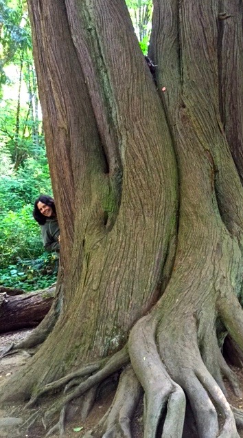 TreeSa and Rachel with Big Mama Cedar